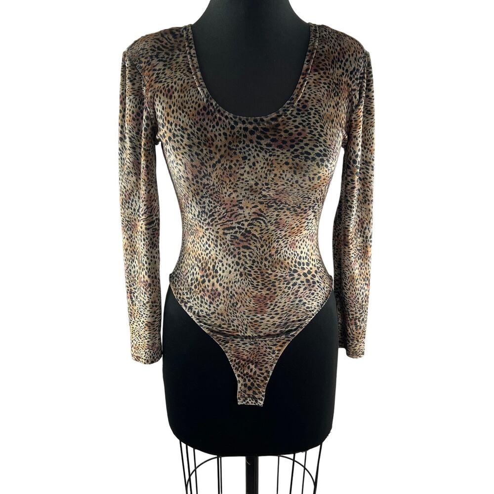 Vintage FELLOW Paris Womens Animal Print Thong Bodysuit Long Sleeve Scoop Neck 2